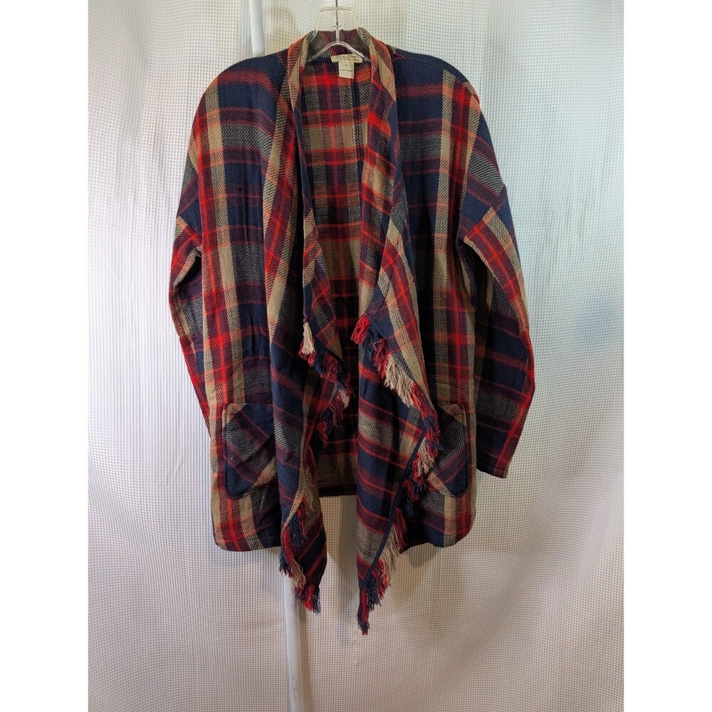 Lucky Brand Plaid Kimono Blanket Style Jacket Poncho Medium Red Blue Tan (B04)